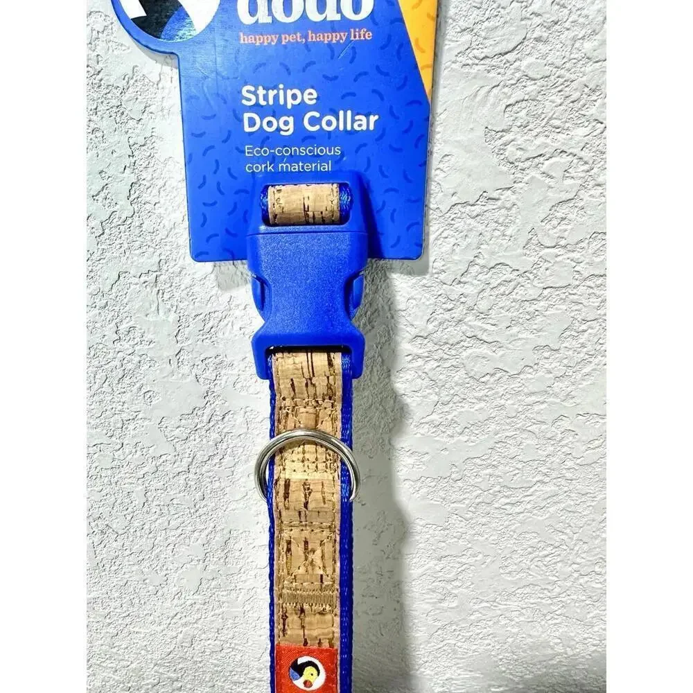 NWT The dodo Dog Collar Stripe Cork Material Blue Size Lg Neck Size 16-26in. Eco